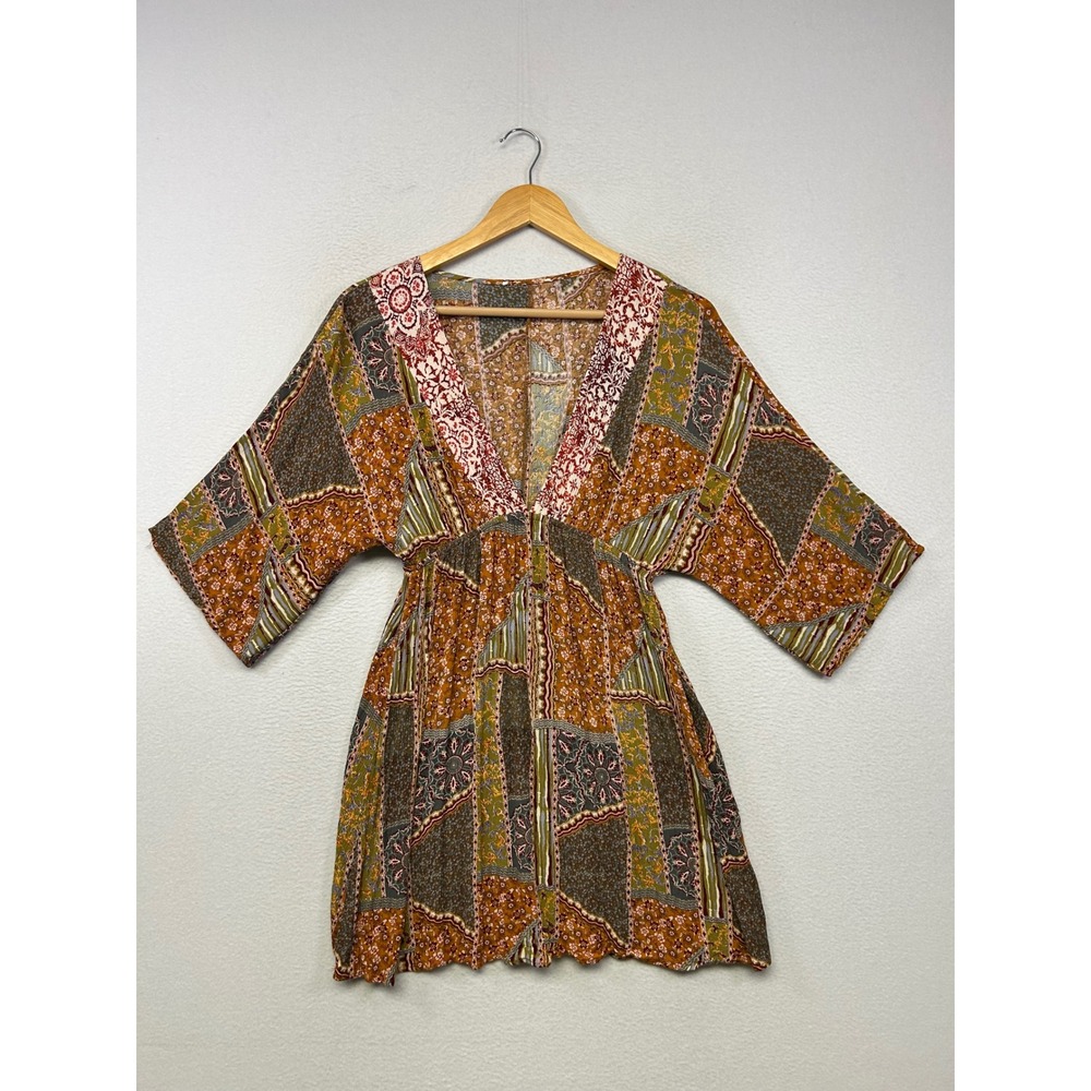 Boho Hippie Cottage Women Medium Multicolor Patchwork V-Neck Empire Mini Dress